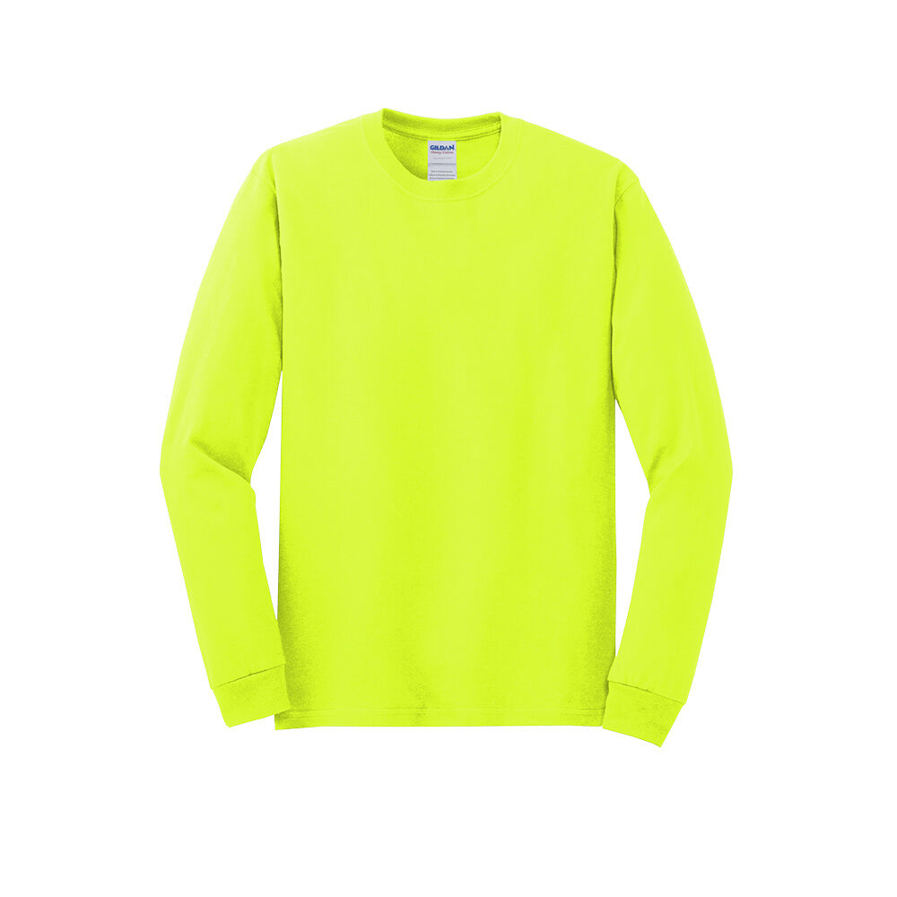 Branded Gildan Heavy Cotton 100% Cotton Long Sleeve T-shirt Safety Green