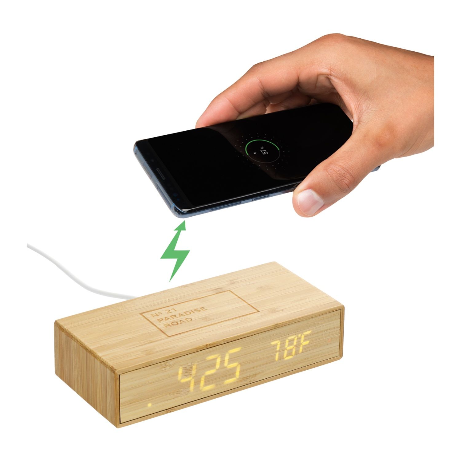 Custom Branded Bamboo Wireless Charging Desk Clock