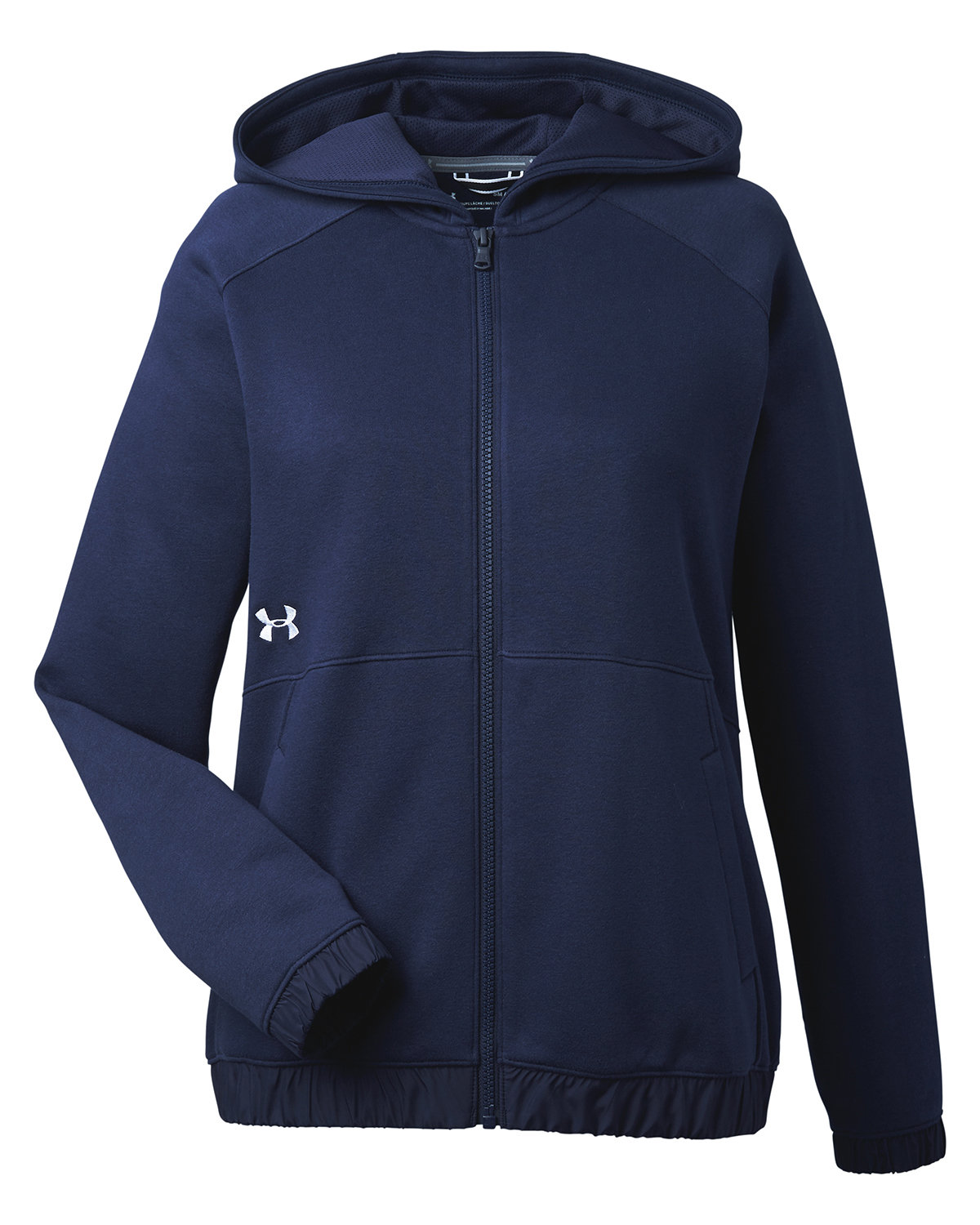 Branded Under Armour Ladies’ Hustle Full-Zip Hooded Sweatshirt Midnight Navy/White