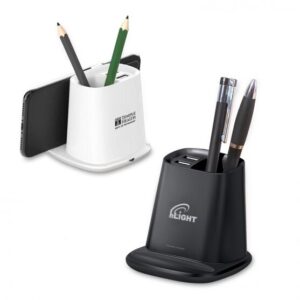 Branded All-Purpose Wireless Charger Pen Holder with Dual USB Output Ports Black
