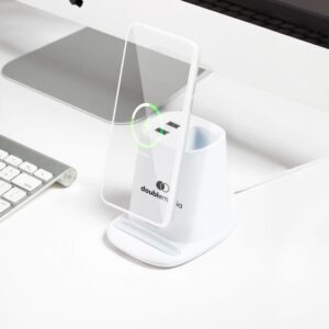 Branded All-Purpose Wireless Charger Pen Holder with Dual USB Output Ports White