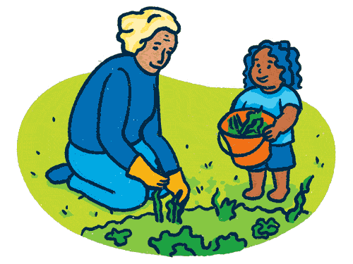 grandmother gardening with young girl