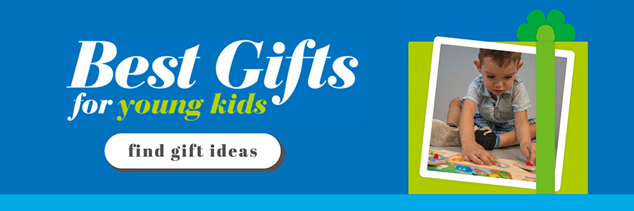 Ad to visit a guide for best gifts that shows a present and boy playing with a puzzle
