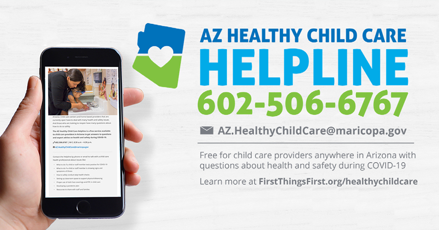 hand hold cellphone with AZ Healthy Child Care Helpline 602-506-6767