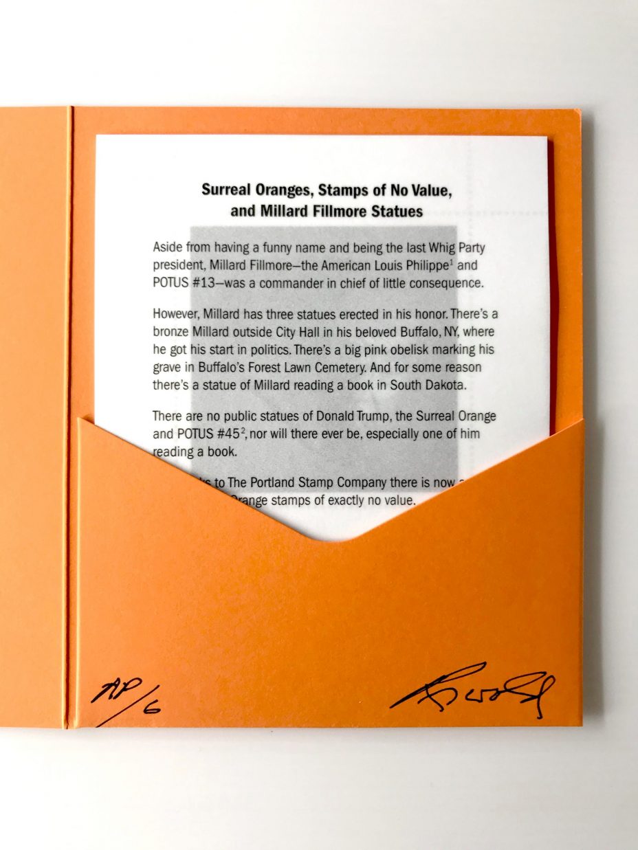 jim riswold the surreal orange stamp folio wit printed vellum sheet